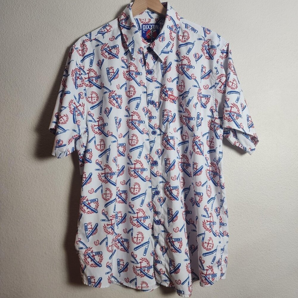 Dixxon Shirt Mens XL White High And Tight Barber Print Short Sleeve Button Front